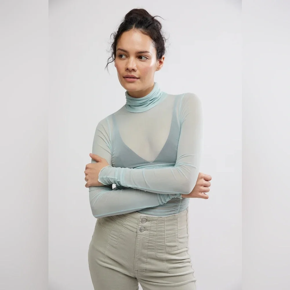 NWT Free People Intimately Under It All Ruched Mesh Turtleneck Bodysuit
